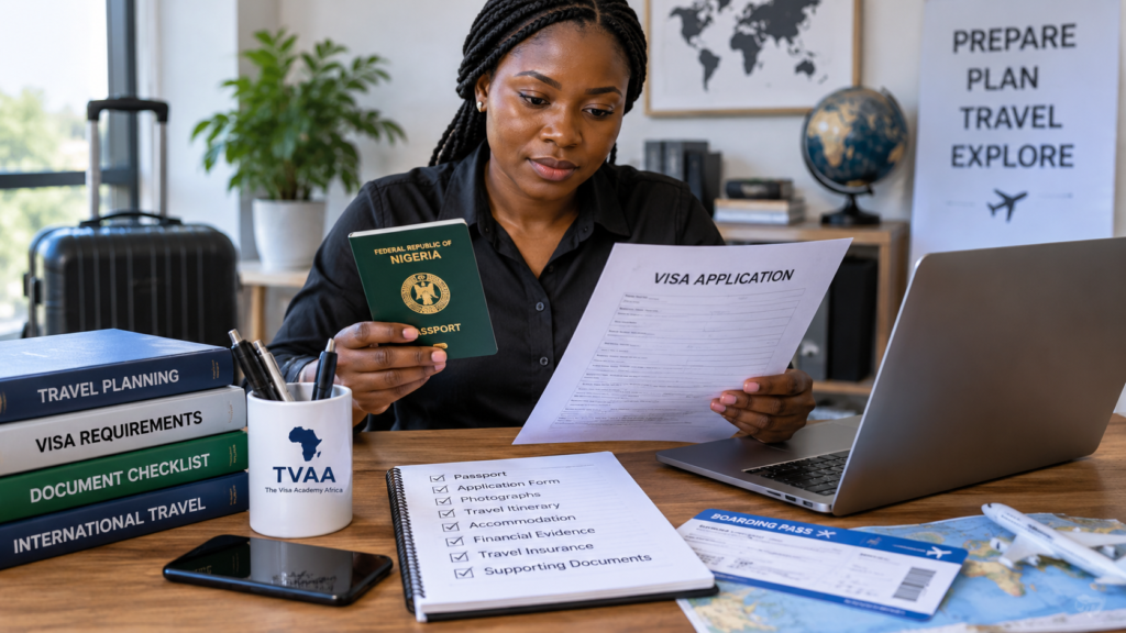 African traveller reviewing documents for visa application preparation